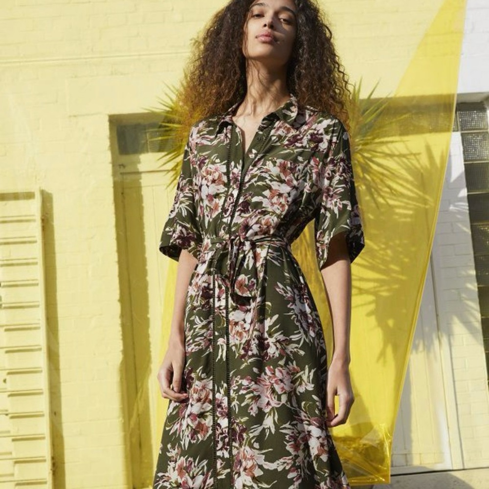 French Connection 100% Viscose Shirt Dress | Khaki Green Floral | US6